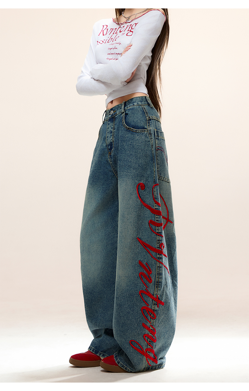 サイド刺繍デザインバックポケットステッチディテールデニムパンツ/cm0120