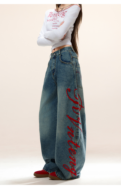 サイド刺繍デザインバックポケットステッチディテールデニムパンツ/cm0120