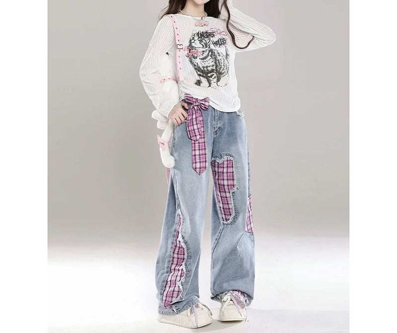 チェック切り替えデニムパンツ/2color/cm0052