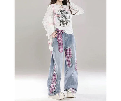 チェック切り替えデニムパンツ/2color/cm0052