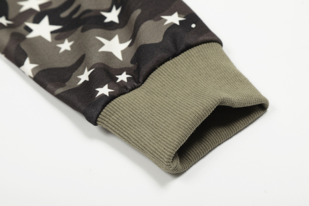 ファー付き迷彩スタープリントジップアップフードパーカー/cm0049