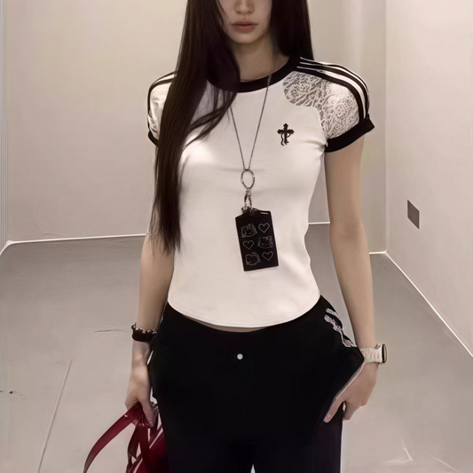 シースルーショルダーワンポイントクロス半袖Tシャツ/cm0301