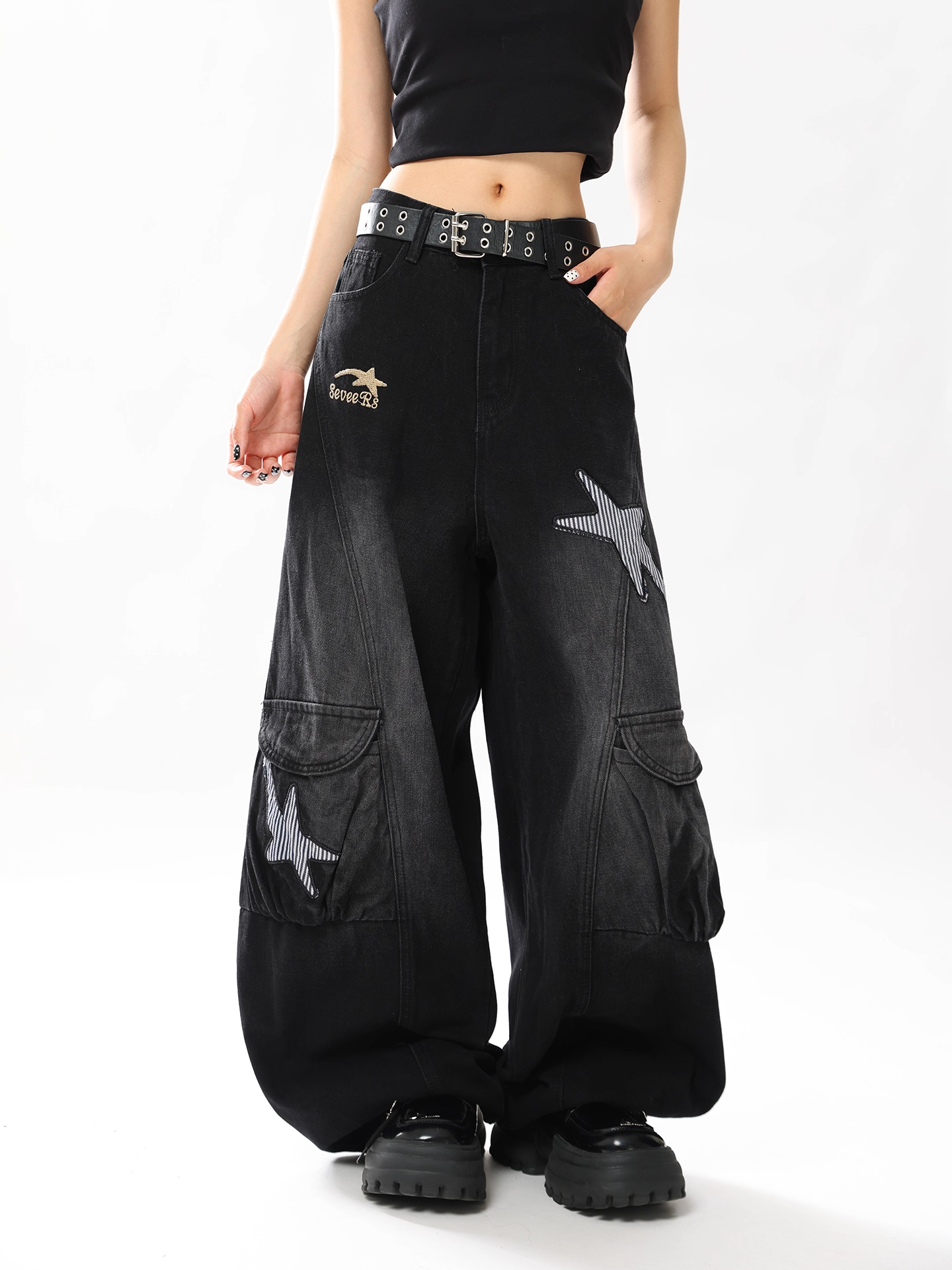 スターデザインワイドデニムパンツ/2color/cm0007