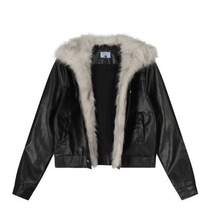 ファー付きフェイクレザーダブルポケットデザインジャケット/2color/cm0044