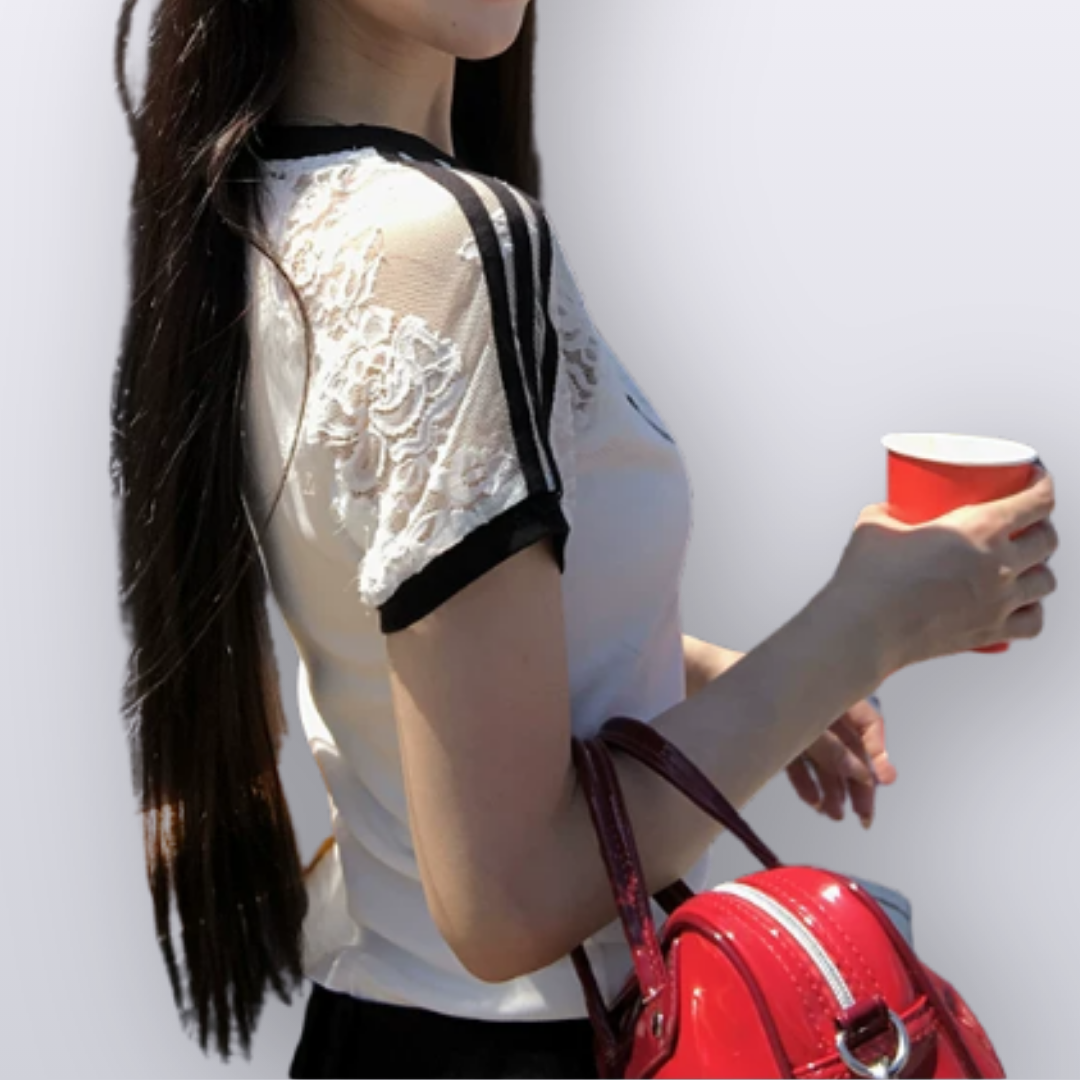 シースルーショルダーワンポイントクロス半袖Tシャツ/cm0301