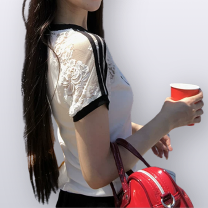 シースルーショルダーワンポイントクロス半袖Tシャツ/cm0301