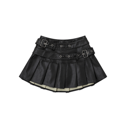 ベルトデザインフェイクレザーミニスカート/2color/cm0102