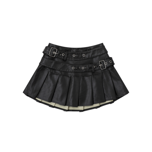 ベルトデザインフェイクレザーミニスカート/2color/cm0102
