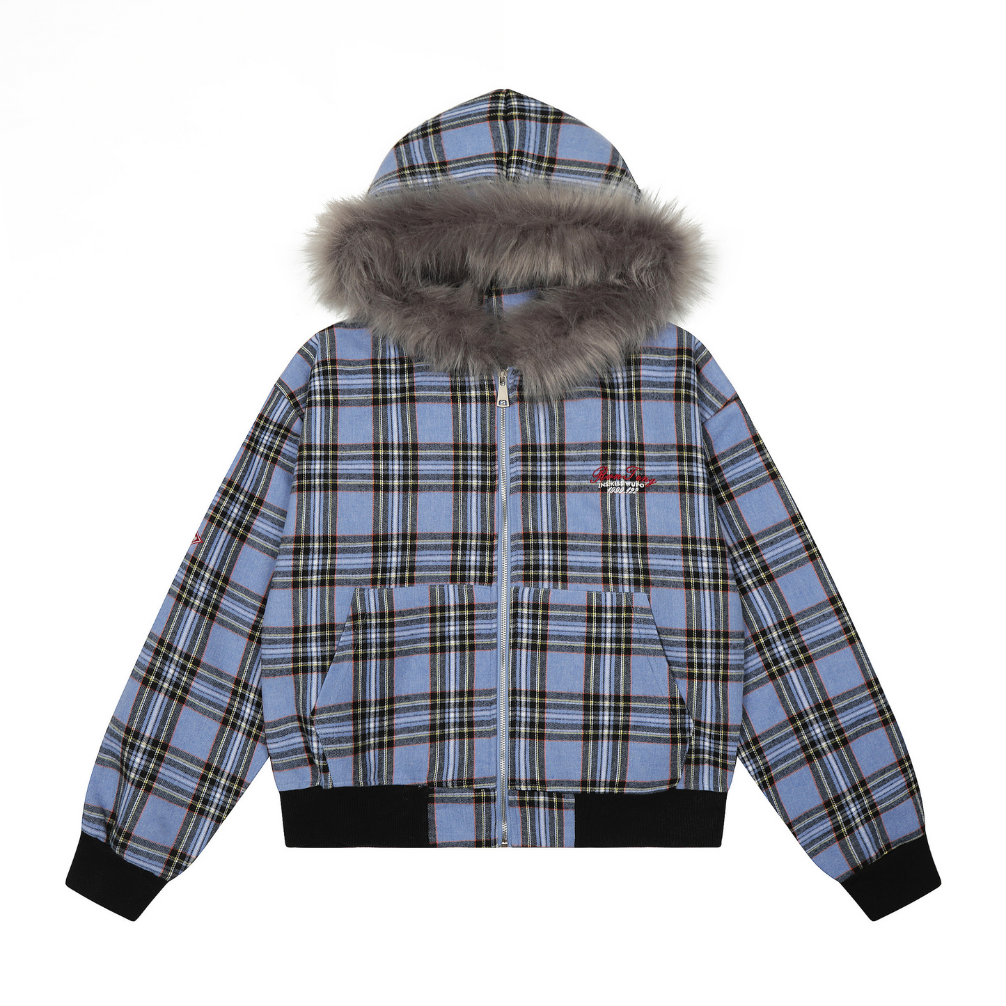 チェック柄ファーフードワンポイント刺繍ロゴジップアップジャケット/2color/cm0013