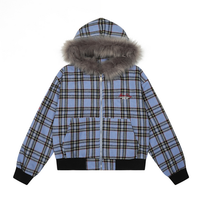 チェック柄ファーフードワンポイント刺繍ロゴジップアップジャケット/2color/cm0013