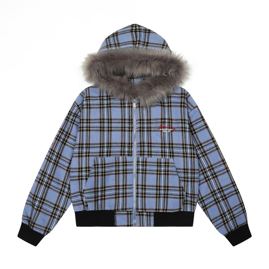 チェック柄ファーフードワンポイント刺繍ロゴジップアップジャケット/2color/cm0013