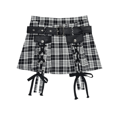 デザインベルトリボンチェックミニスカート/2color/cm0106
