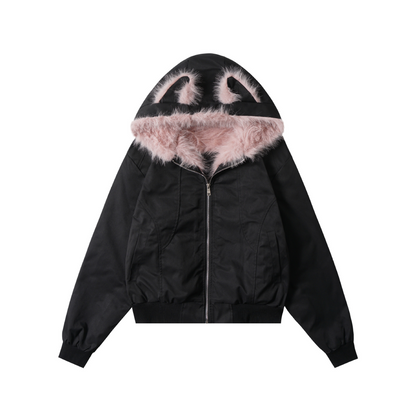 ファーフードファー耳付きジップアップジャケット/2color/cm0125