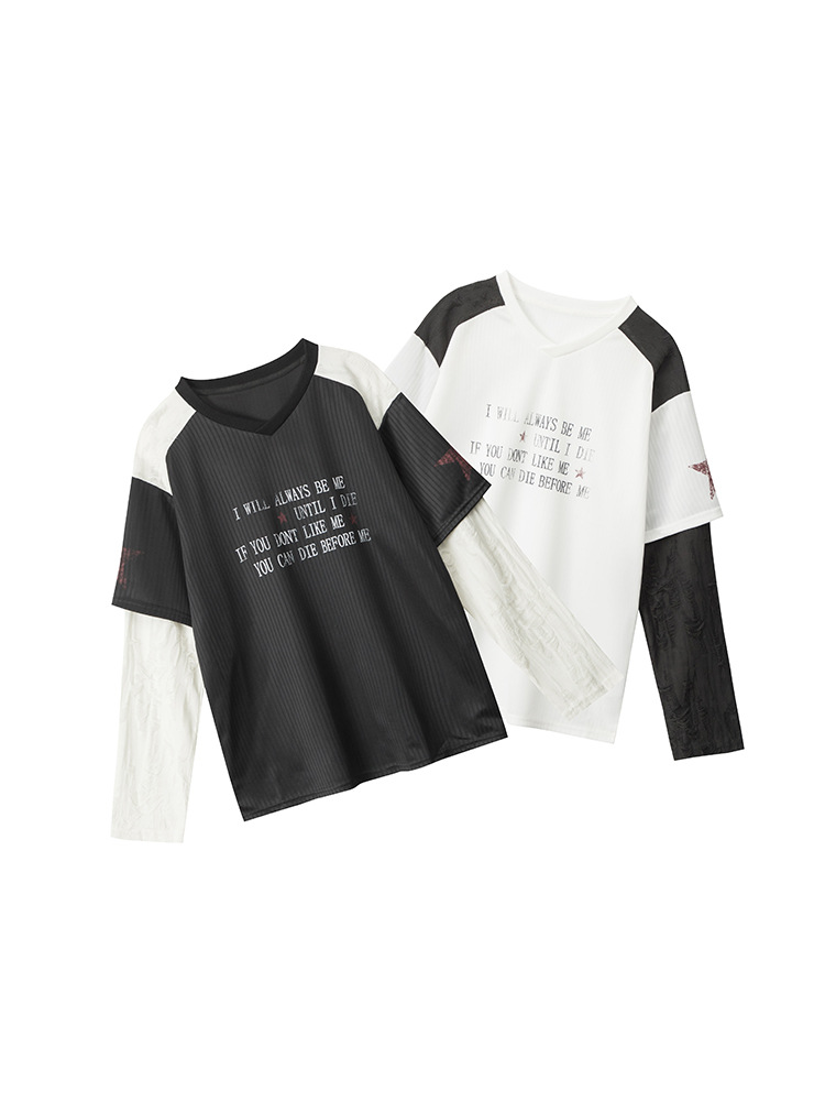 VネックコントラストダメージフェイクレイヤードTシャツ/2color/cm0045