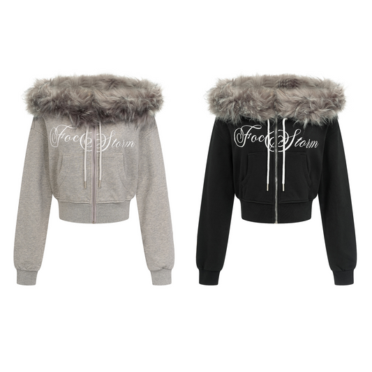 取り外しファー付きプリントジップアップスウェット/2color/cm0051