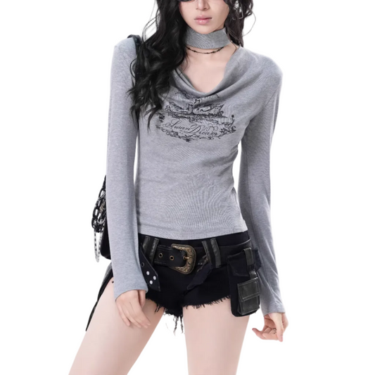 チョーカーデザインプリントロングTシャツ/2color/cm0174