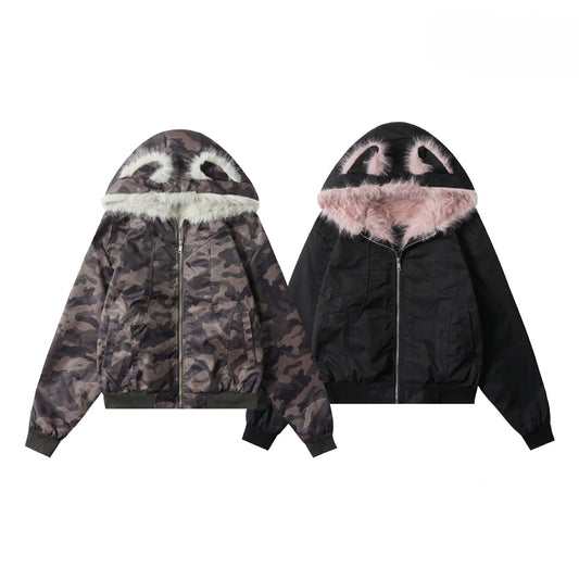 ファーフードファー耳付きジップアップジャケット/2color/cm0125