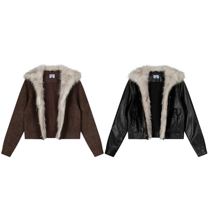 ファー付きフェイクレザーダブルポケットデザインジャケット/2color/cm0044