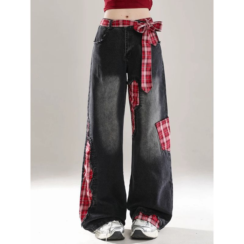 チェック切り替えデニムパンツ/2color/cm0052