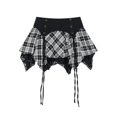 チェック柄スターアクセ付きレースディテールミニスカート/cm0041