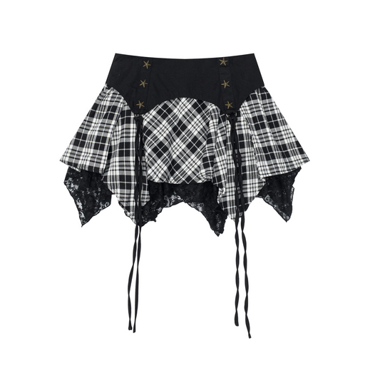 チェック柄スターアクセ付きレースディテールミニスカート/cm0041