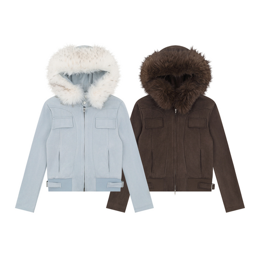 取り外しファー付きポケットデザインジップアップジャケット/2color/cm0043