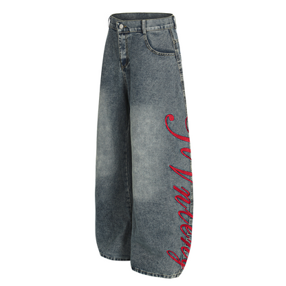 サイド刺繍デザインバックポケットステッチディテールデニムパンツ/cm0120