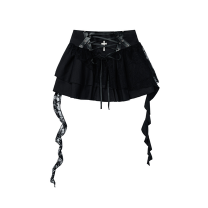 レースディテールクロスデザインリボンミニスカート/cm0107