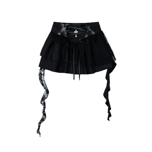 レースディテールクロスデザインリボンミニスカート/cm0107