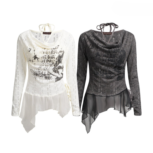 ヴィンテージデザインメッシュダメージ加工長袖トップス/2color/cm0059