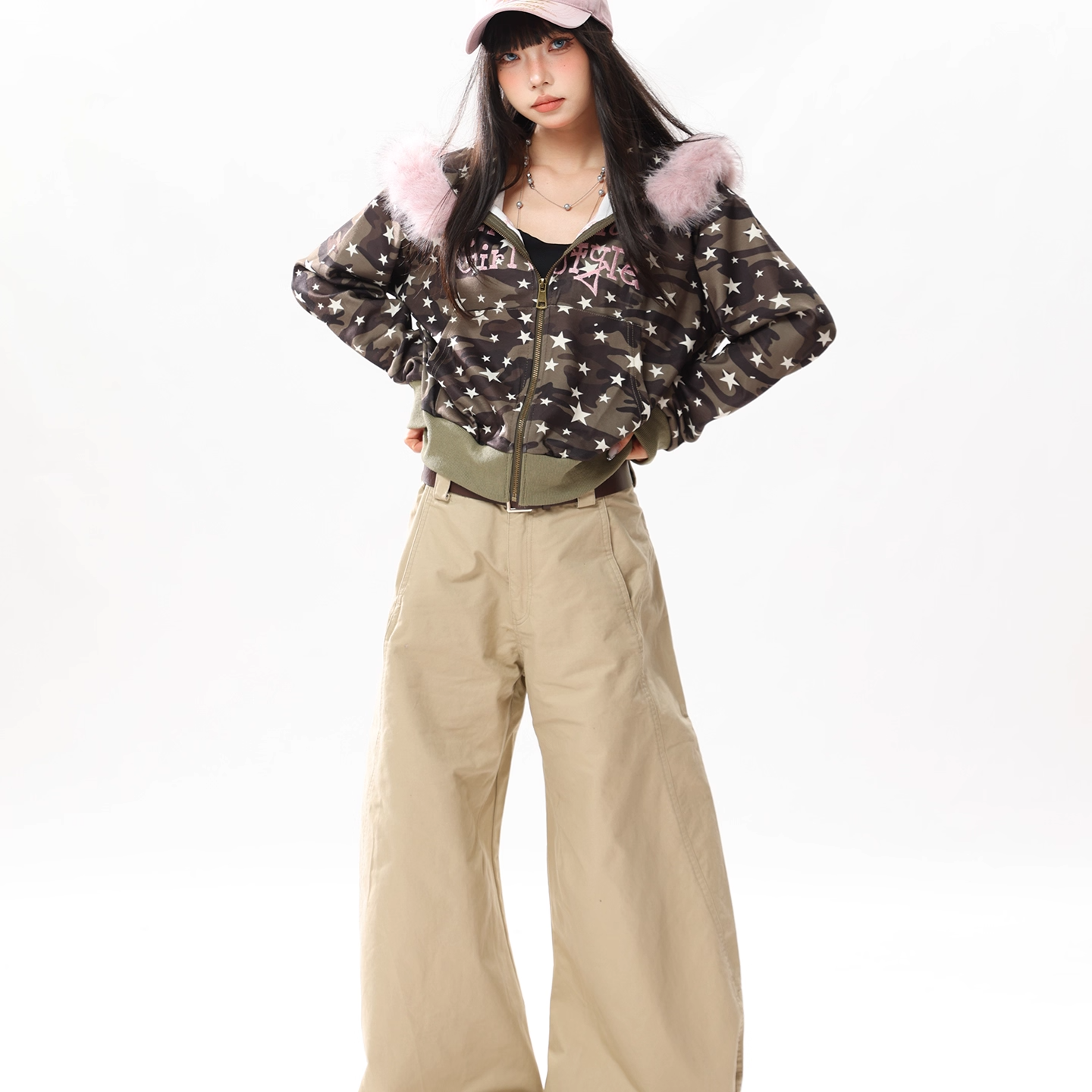 ファー付き迷彩スタープリントジップアップフードパーカー/cm0049