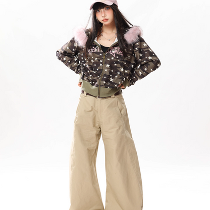 ファー付き迷彩スタープリントジップアップフードパーカー/cm0049