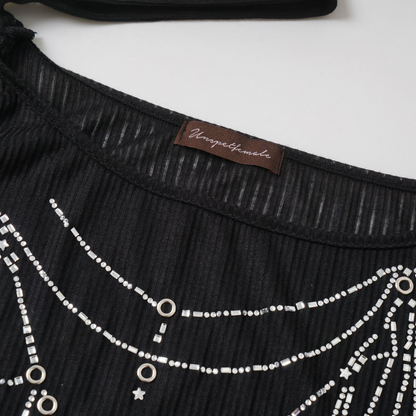 ベルトデザインラインストーン長袖トップス/2color/cm0156