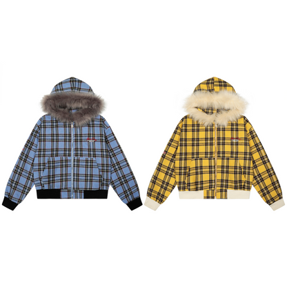 チェック柄ファーフードワンポイント刺繍ロゴジップアップジャケット/2color/cm0013