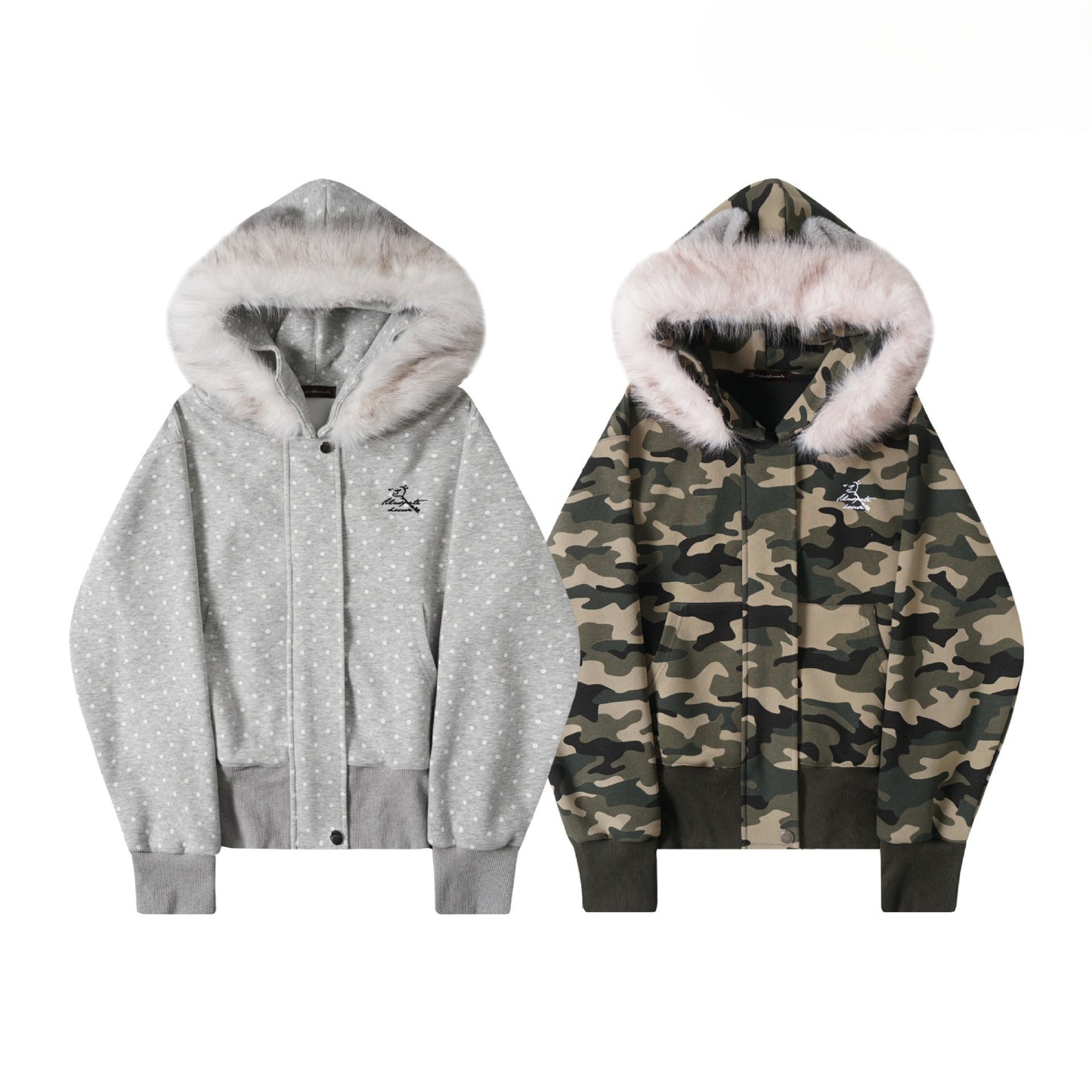 耳付きファーフードワンポイントロゴジップアップパーカー/2color/cm0126