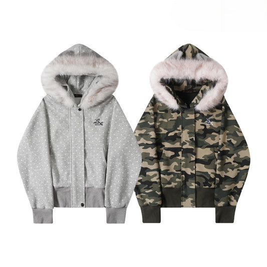 耳付きファーフードワンポイントロゴジップアップパーカー/2color/cm0126