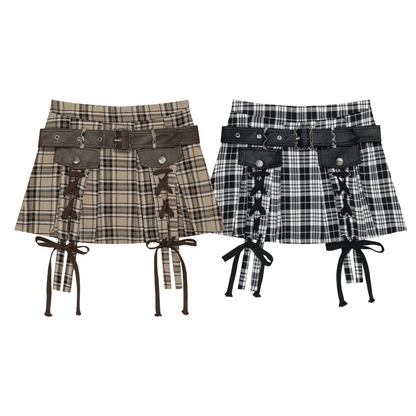 デザインベルトリボンチェックミニスカート/2color/cm0106