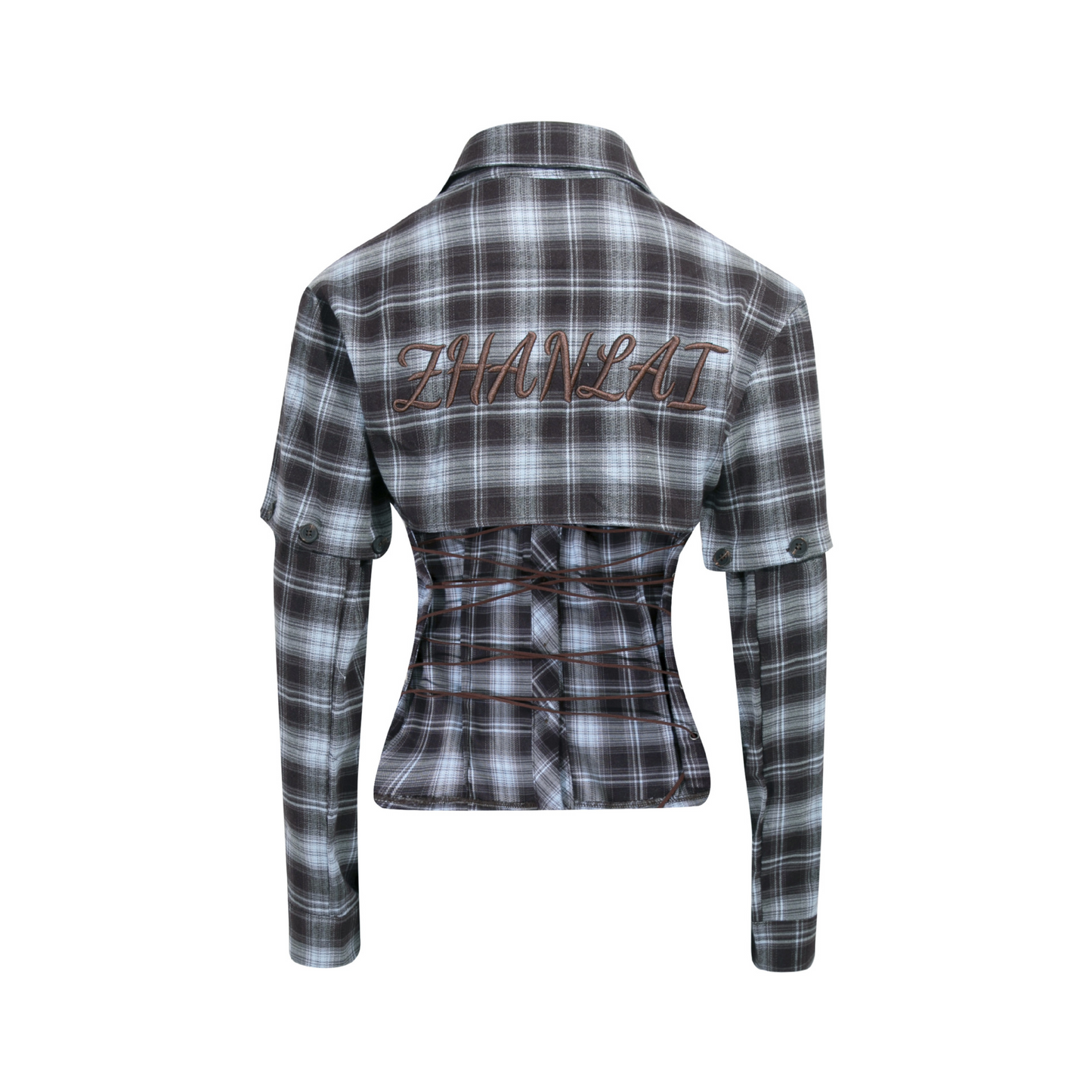 バック刺繍スリーブ取り外しチェックシャツ/cm0095