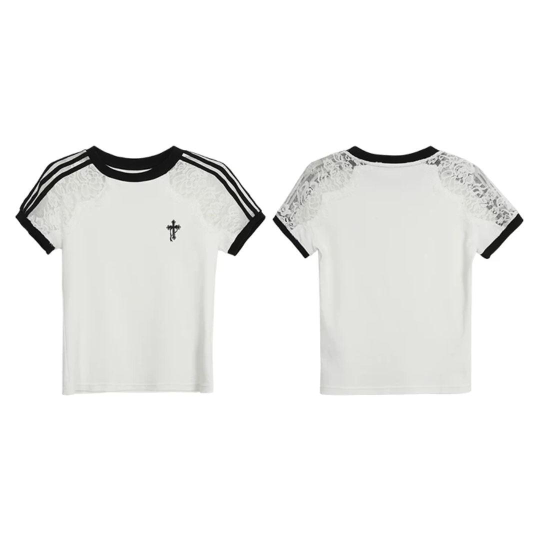 シースルーショルダーワンポイントクロス半袖Tシャツ/cm0301
