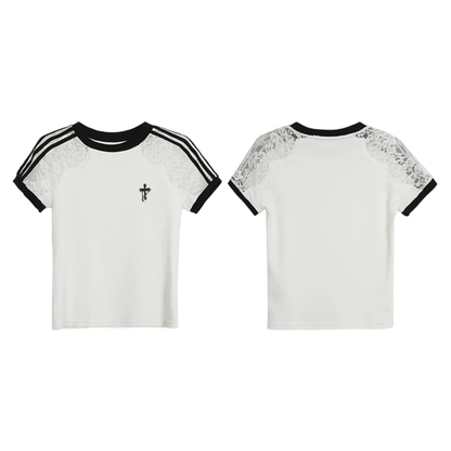 シースルーショルダーワンポイントクロス半袖Tシャツ/cm0301