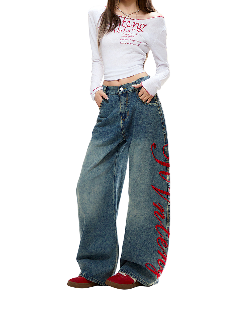 サイド刺繍デザインバックポケットステッチディテールデニムパンツ/cm0120