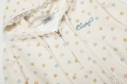 レース縁フードスタープリントジップアップパーカー/cm0050