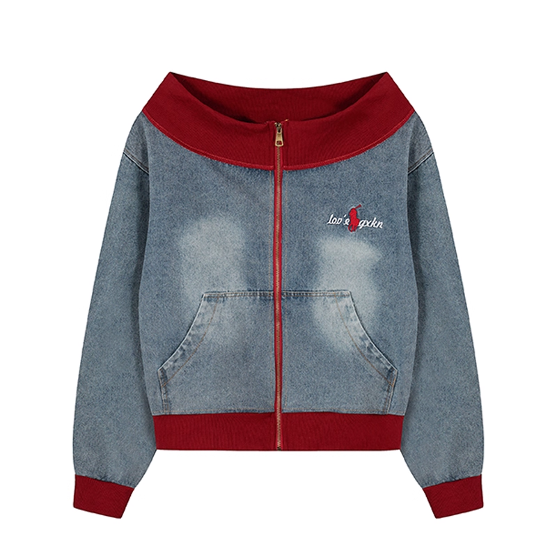 オフショルダー刺繡ワンポイントロゴデジップアップトップス/cm0003