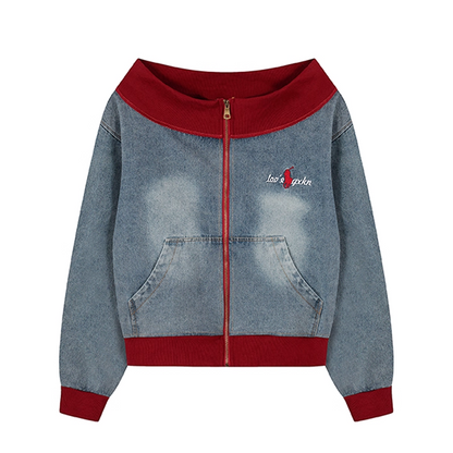 オフショルダー刺繡ワンポイントロゴデジップアップトップス/cm0003