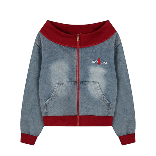 オフショルダー刺繡ワンポイントロゴデジップアップトップス/cm0003