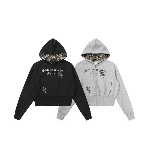 クロスレオパード柄ジップアップパーカー/2color/cm0080