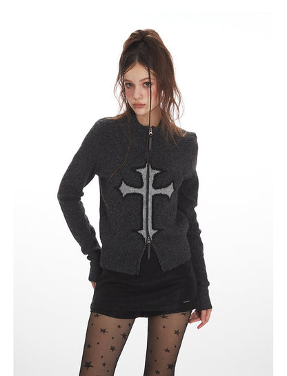 クロスロゴデザインジップアップニット/2color/cm0143