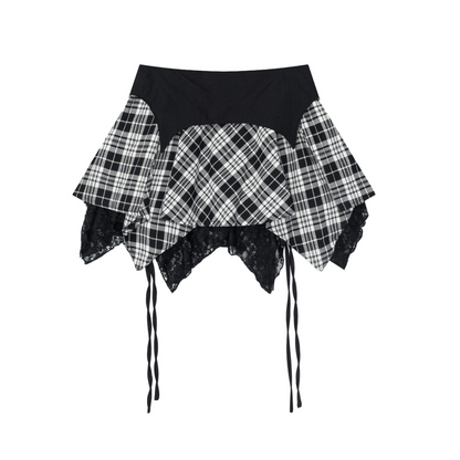 チェック柄スターアクセ付きレースディテールミニスカート/cm0041