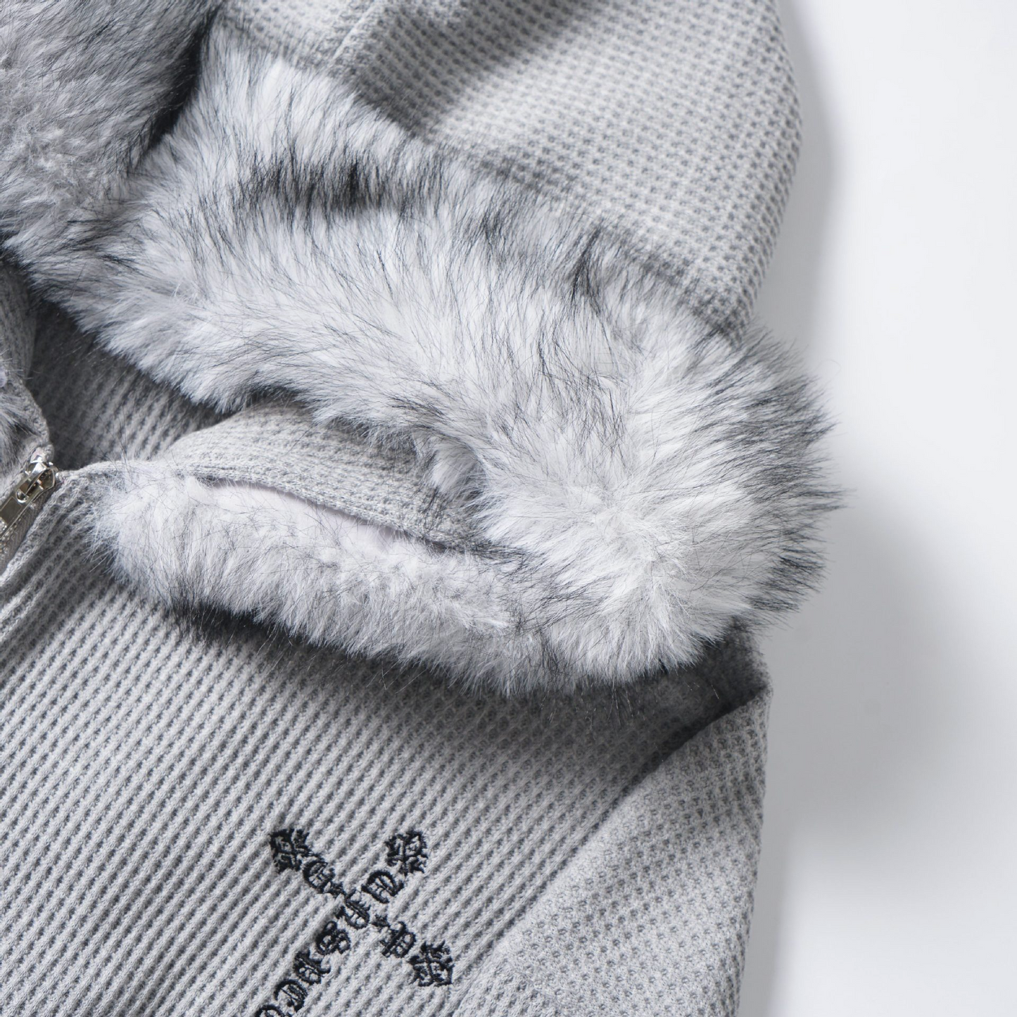 ファーフードワッフルクロスポイントジップアップパーカー/cm0016