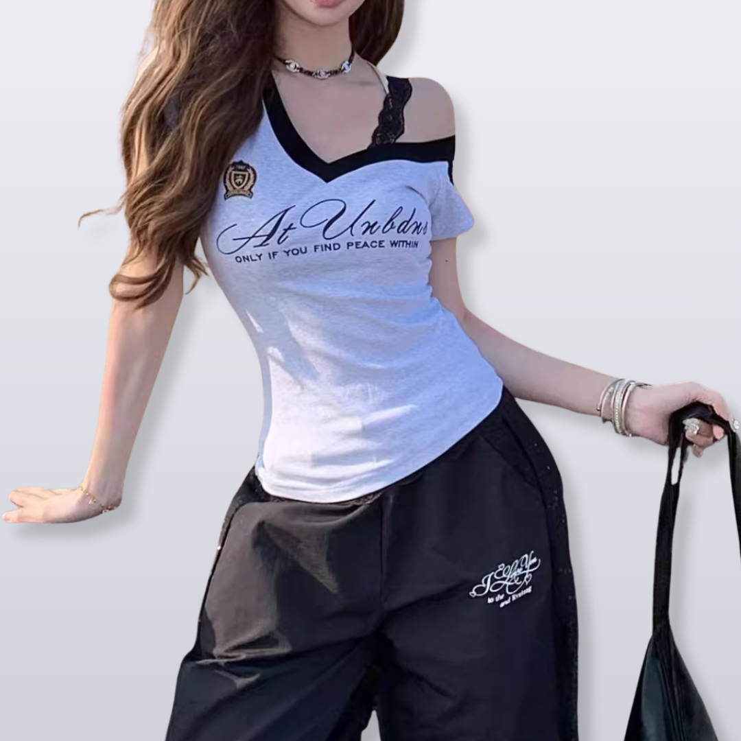 アシンメトリーデザイン/レース肩紐半袖Tシャツ/2color/cm0036